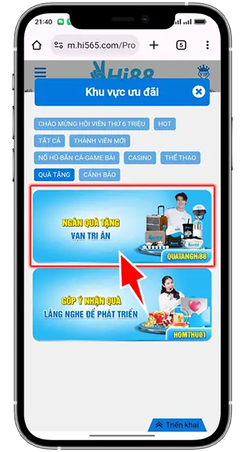 Bước 1: Tại mục khuyến mãi chọn " Ngàn Quà Tặng Vạn Tri Ân"